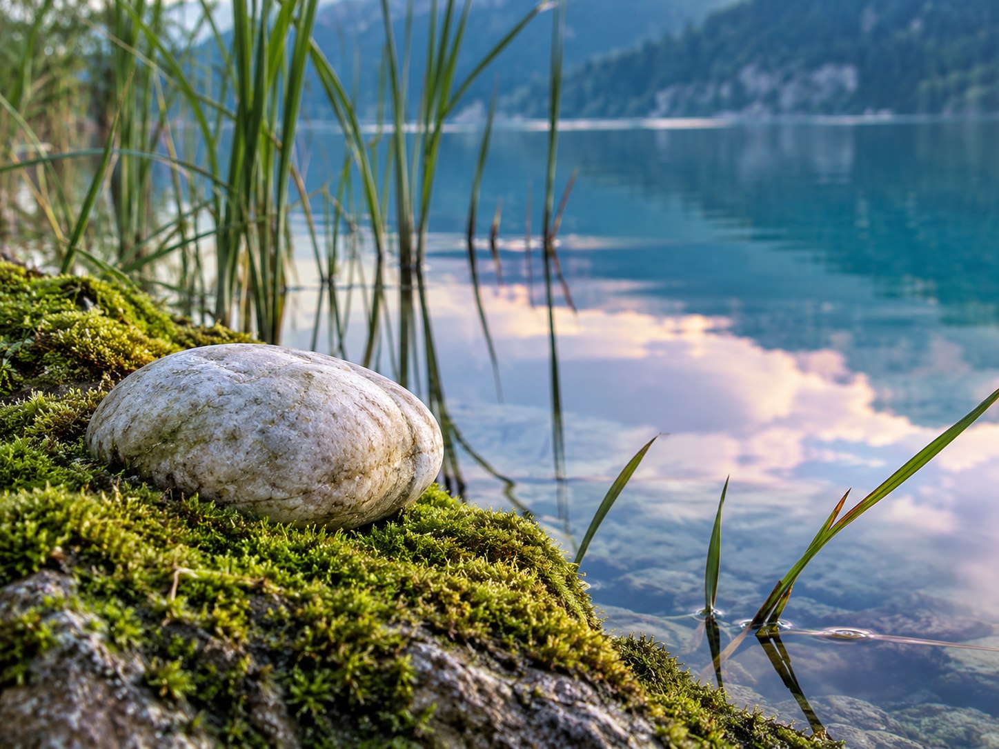 Pietra chiara sul muschio accanto all'acqua calma di un lago