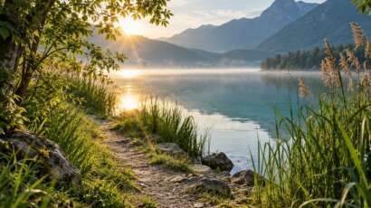 Sentiero tra canne e alberi accanto a un lago nella luce del mattino