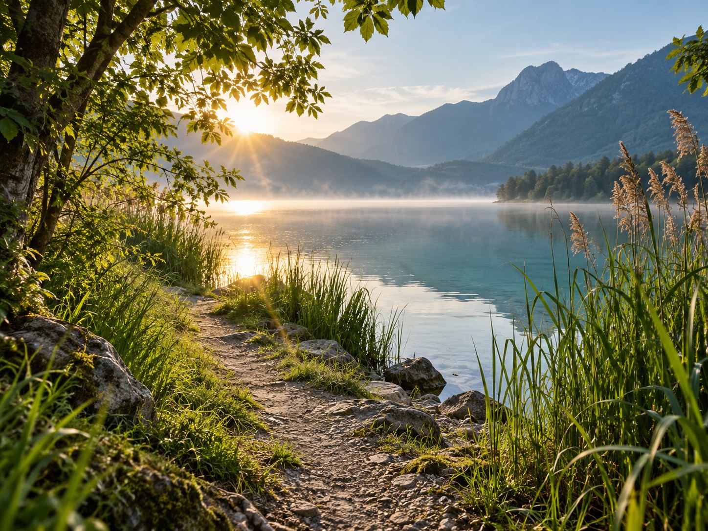 Sentiero tra canne e alberi accanto a un lago nella luce del mattino