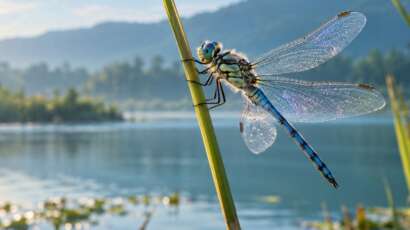 Libellula dalle ali trasparenti posata su una canna accanto al lago nella luce del mattino