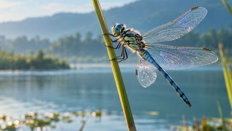 Libellula dalle ali trasparenti posata su una canna accanto al lago nella luce del mattino