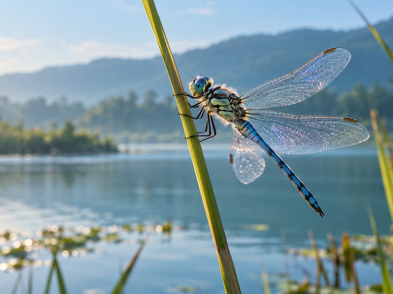 Libellula dalle ali trasparenti posata su una canna accanto al lago nella luce del mattino