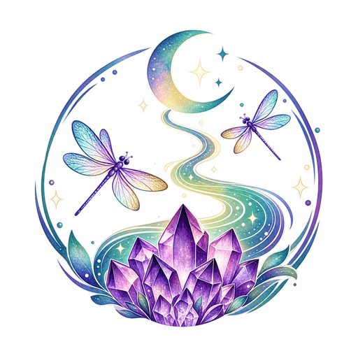 Simbolo del Sentiero delle Libellule con luna, libellule e cristalli