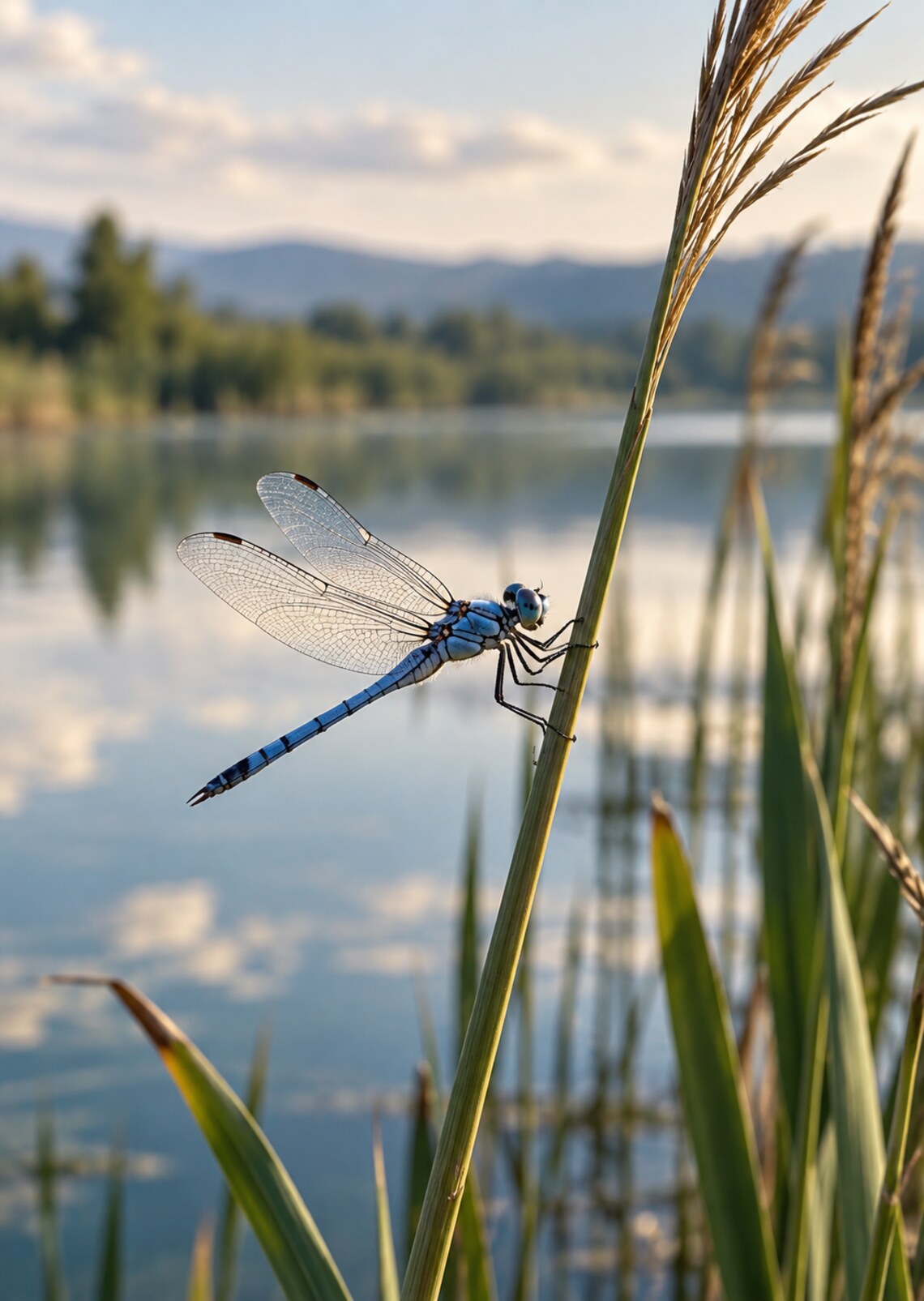 Libellula azzurra posata su una canna vicino all’acqua calma di una laguna.