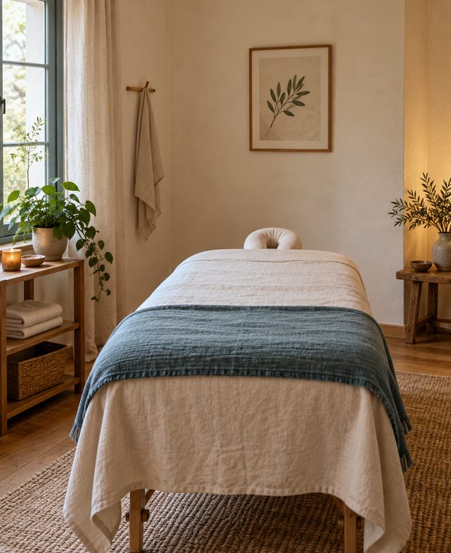 Ambiente olistico evocativo con lettino e luce naturale, immagine provvisoria