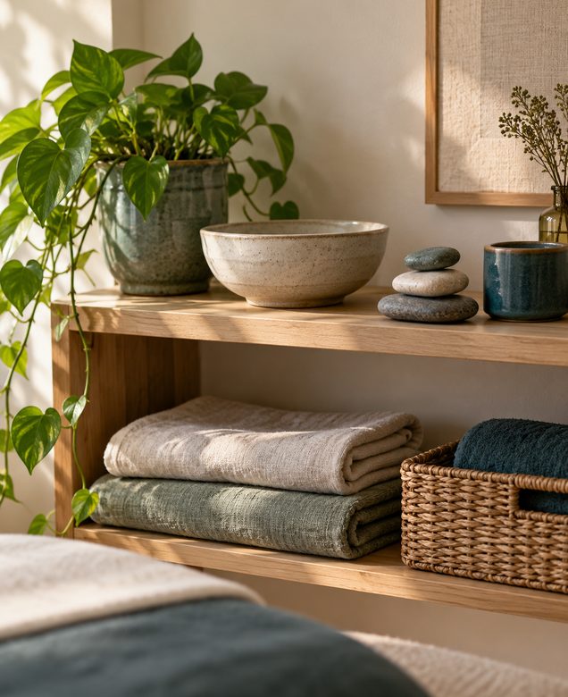 Ceramiche, pietre e tessuti su una mensola, immagine provvisoria