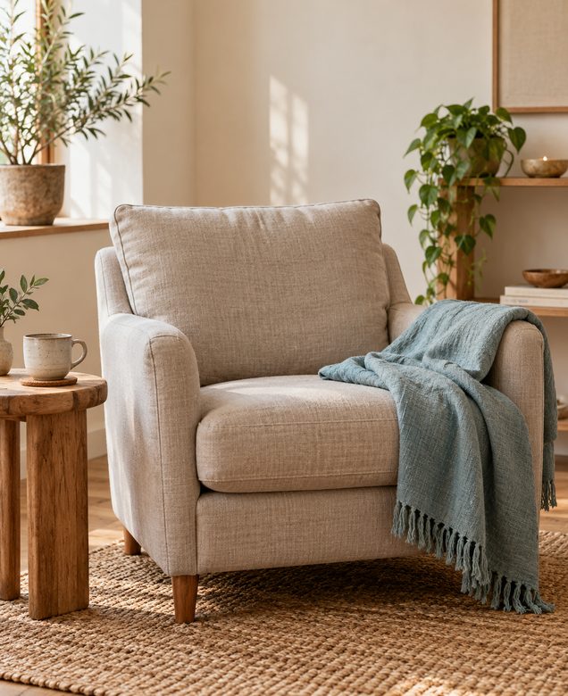 Poltrona chiara con coperta petrolio in un ambiente olistico evocativo, immagine provvisoria